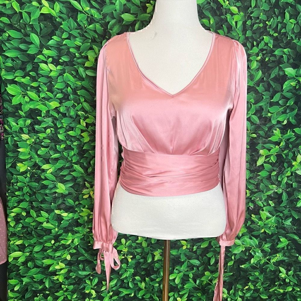 Women's Elegant V Neck Self Tie Knot Long Sleeve Satin Blouse Shirt Top Pink L